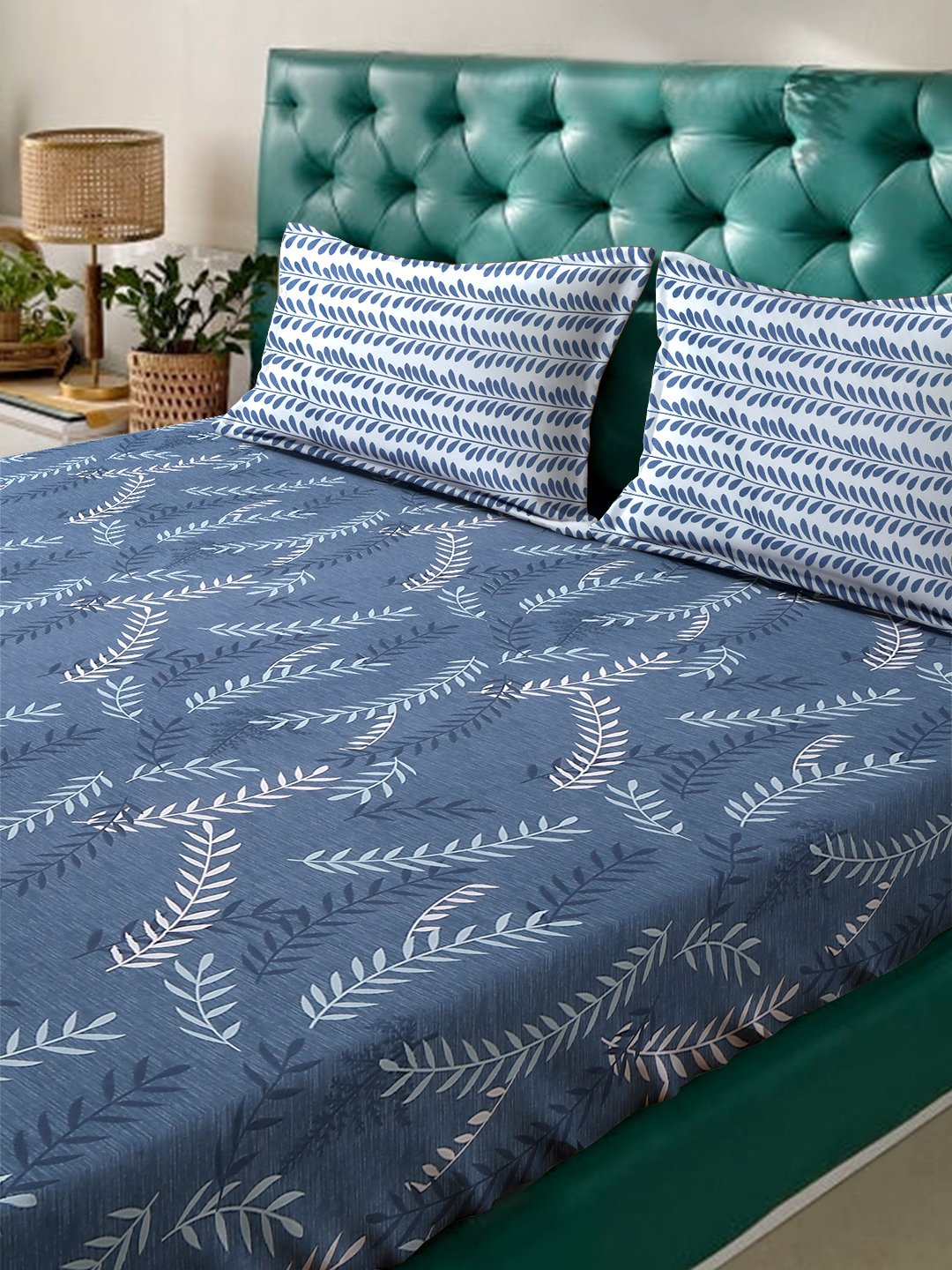 Blue Floral 300 TC Cotton Blend Double Bedsheet in Book Fold Packing