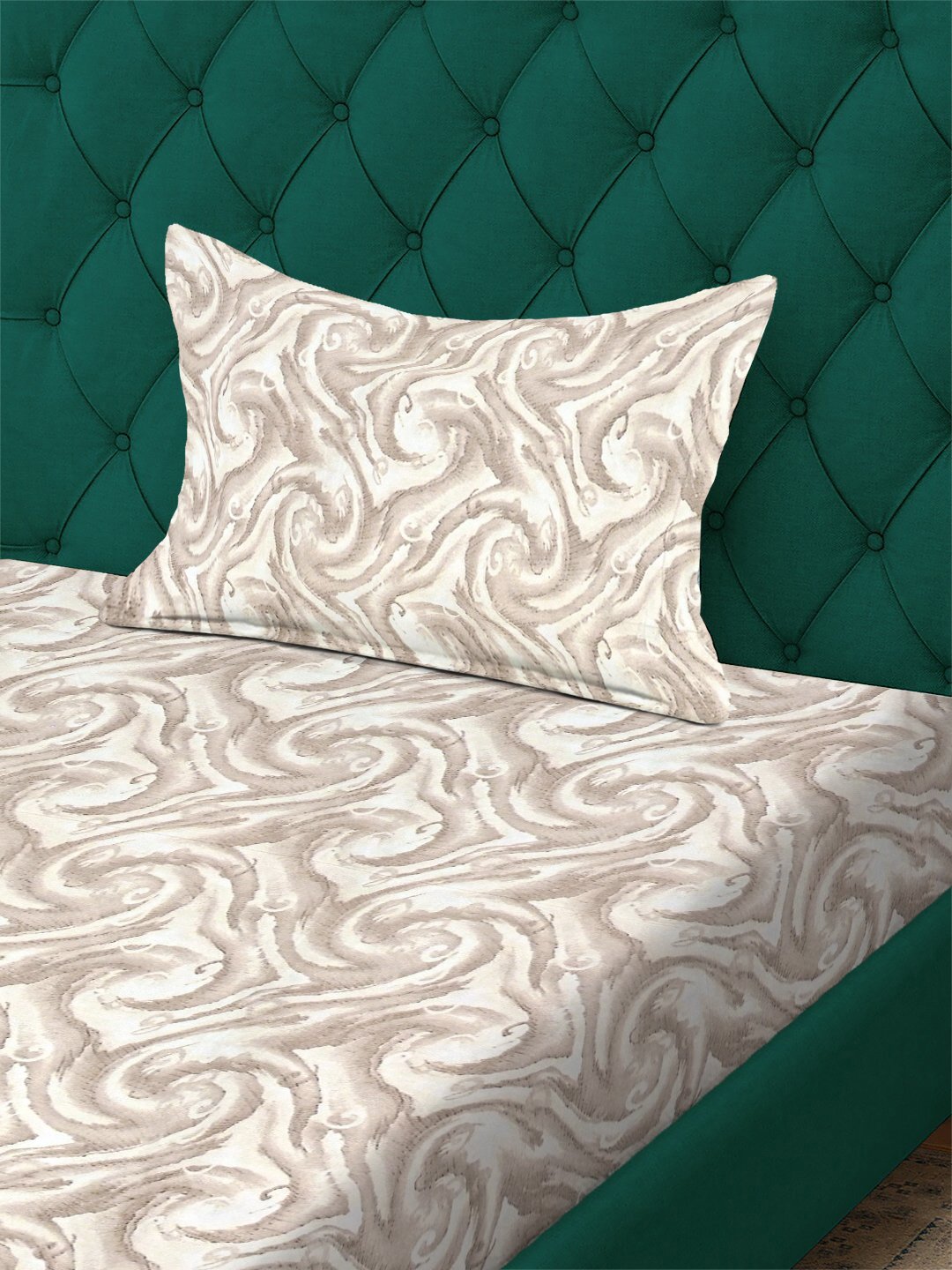 Beige Abstract 300 TC Cotton Blend Fitted Single Bedsheet with Pillow Cover