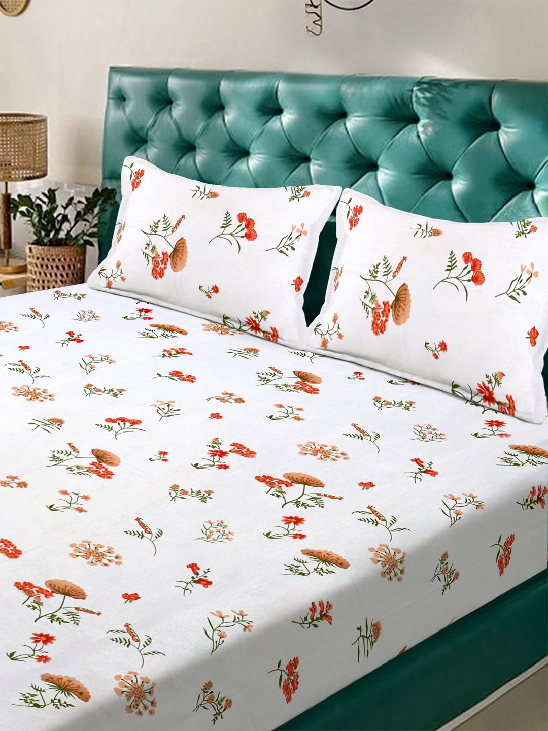 White Floral 300 TC Cotton Blend Fitted Double Bedsheet with 2 Pillow Covers