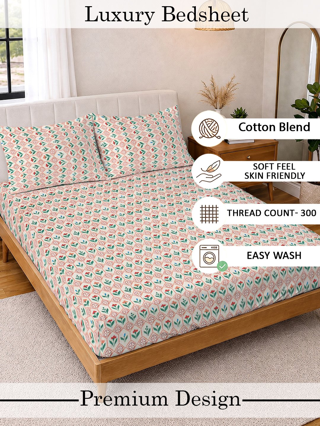 Cream Floral Cotton Blend Double Bedsheet with 2 Pillow Covers