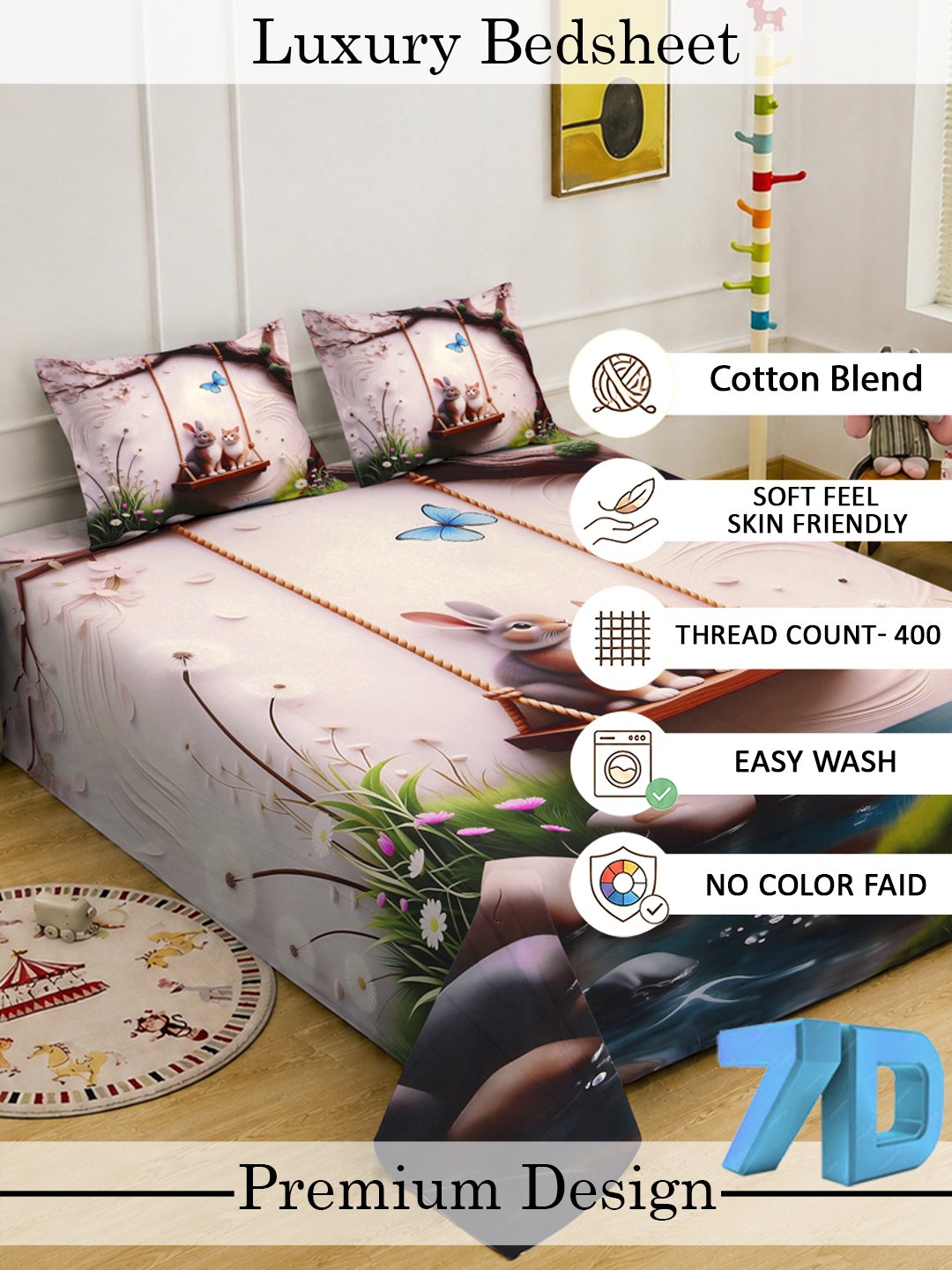 Digital Multi Animal Cotton Blend Fitted Double Bedsheet with 2 Pillow Covers