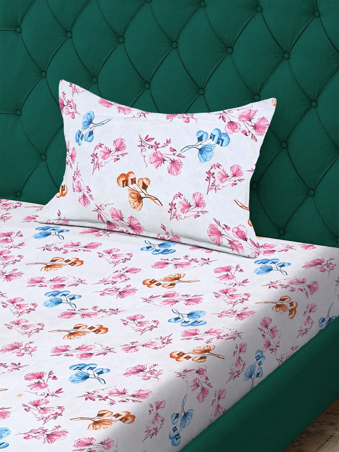 White Floral 300 TC Cotton Blend Single Bedsheet with Pillow Cover