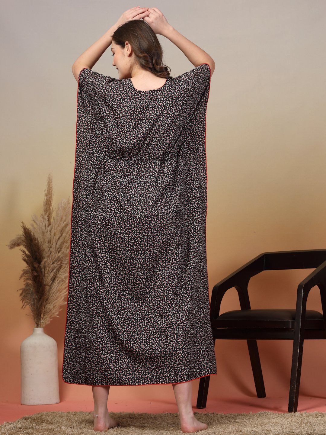 Black Floral Cotton Blend Kaftan Maxi Nightdress