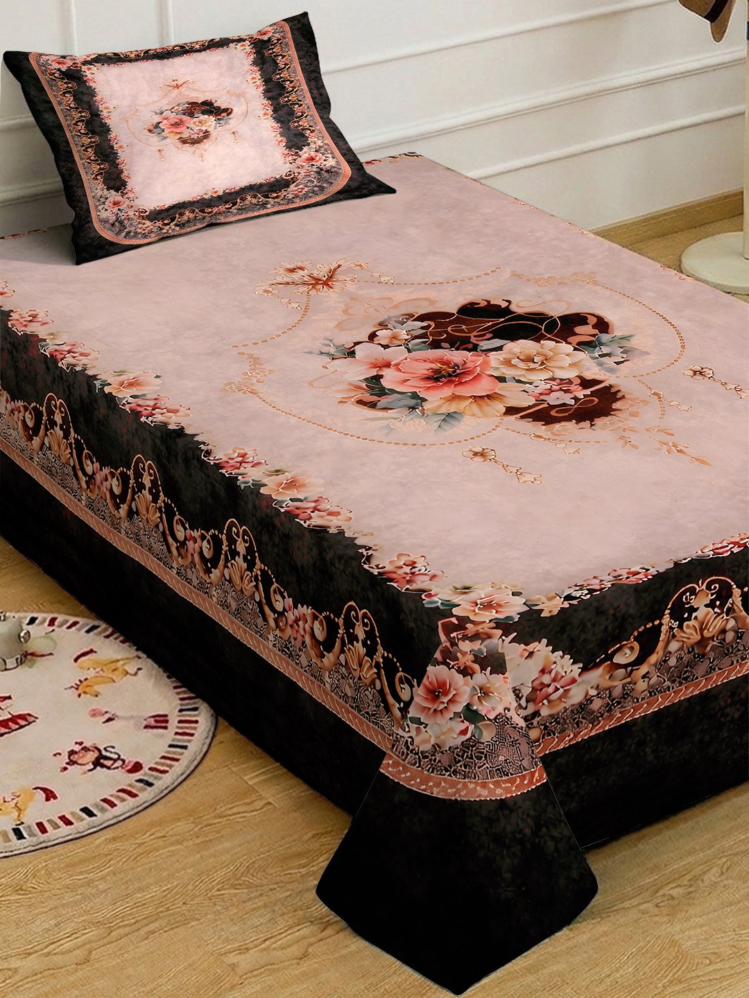 Multi Digital Floral Printed Cotton Blend Fitted Single Bedsheet with Pillow Cover