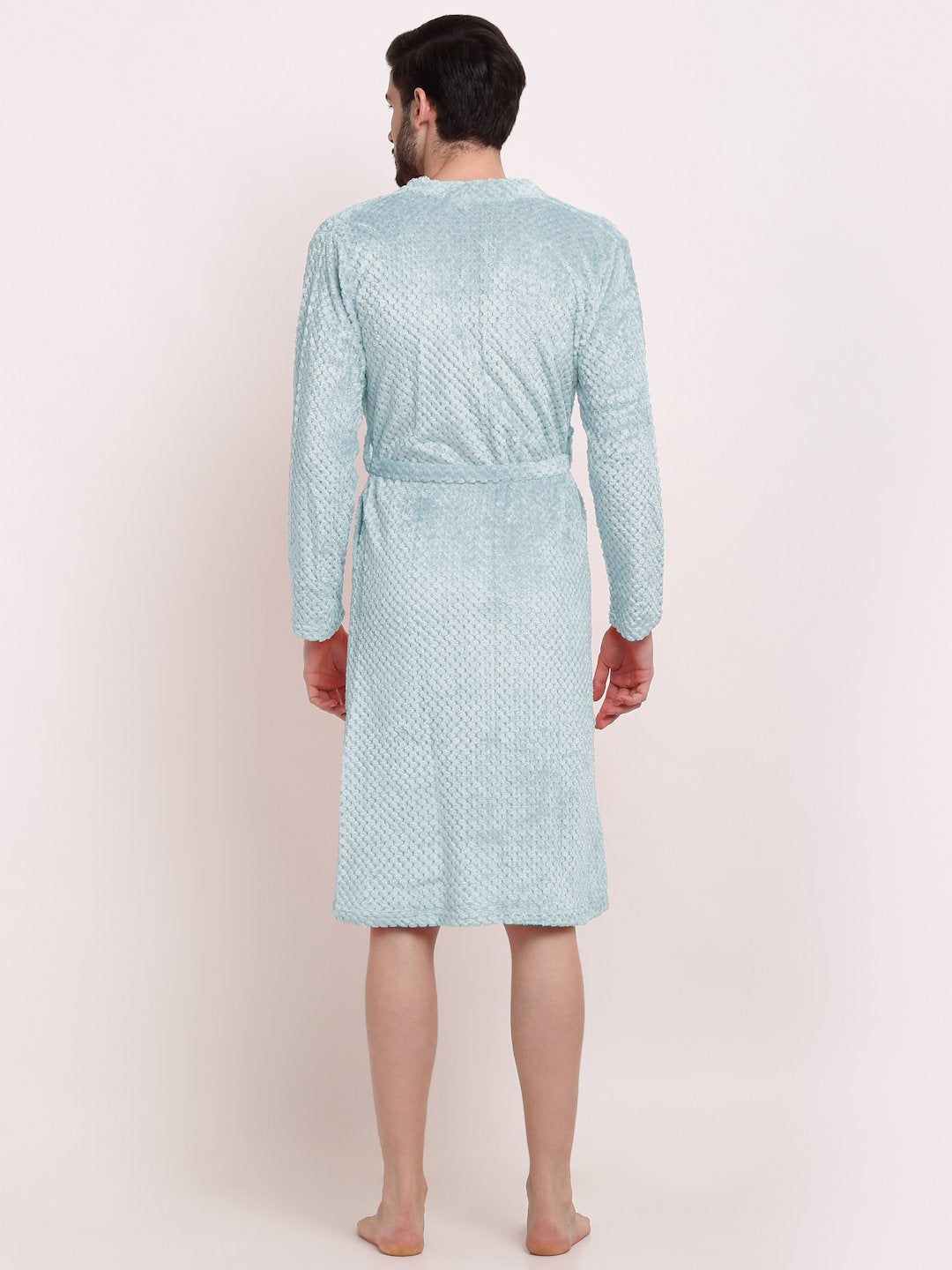 Men Turquoise Self Design Wool Bath Robe With Belt