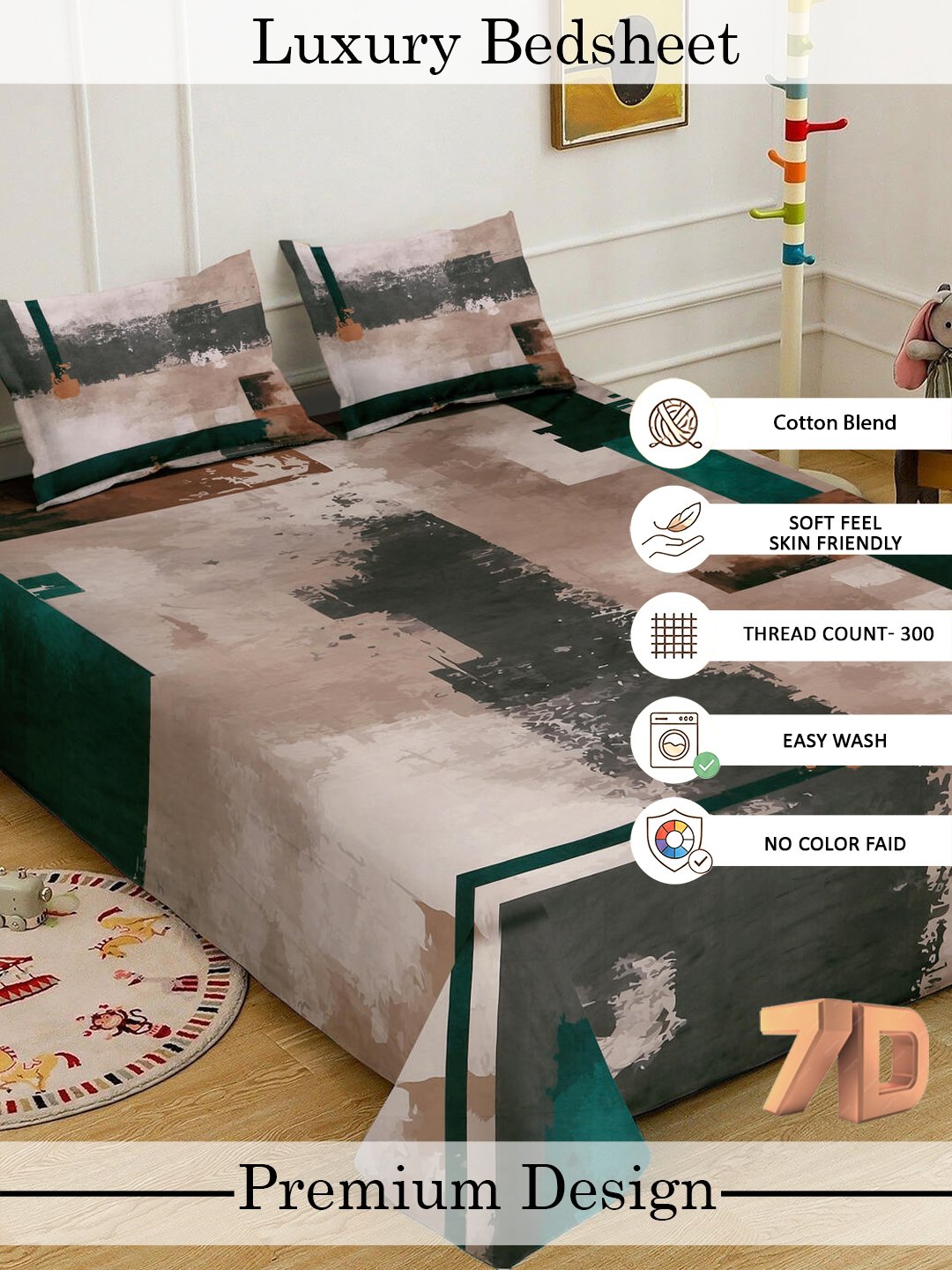 Brown Digital Geometric Printed Cotton Blend Double Bedsheet with 2 Pillow Covers