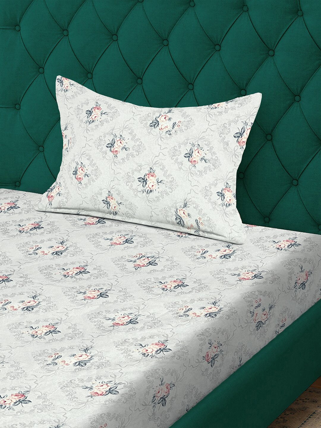 Cream Floral 300 TC Cotton Blend Fitted Single Bedsheet with Pillow Cover