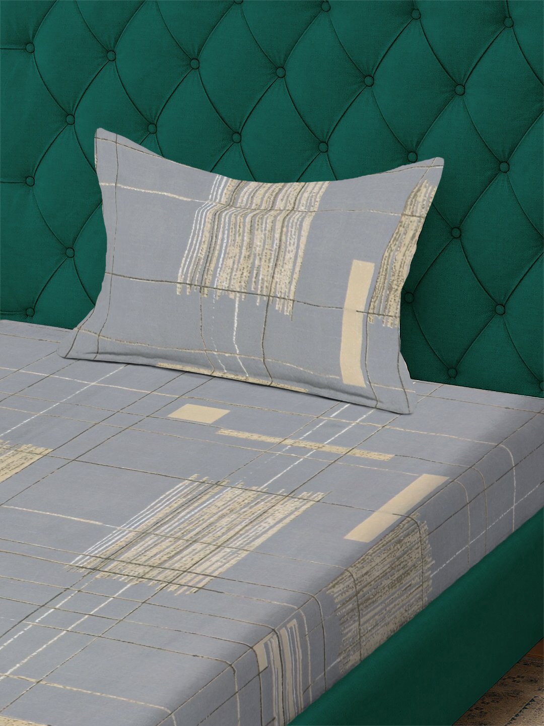 Grey Geometric 300 TC Cotton Blend Single Bedsheet with Pillow Cover