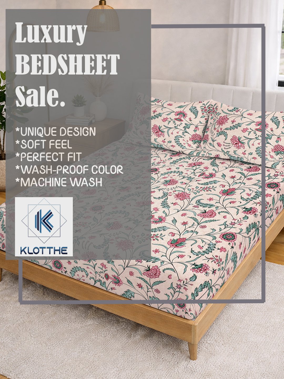 Beige Floral Cotton Blend Fitted Double Bedsheet with 2 Pillow Covers
