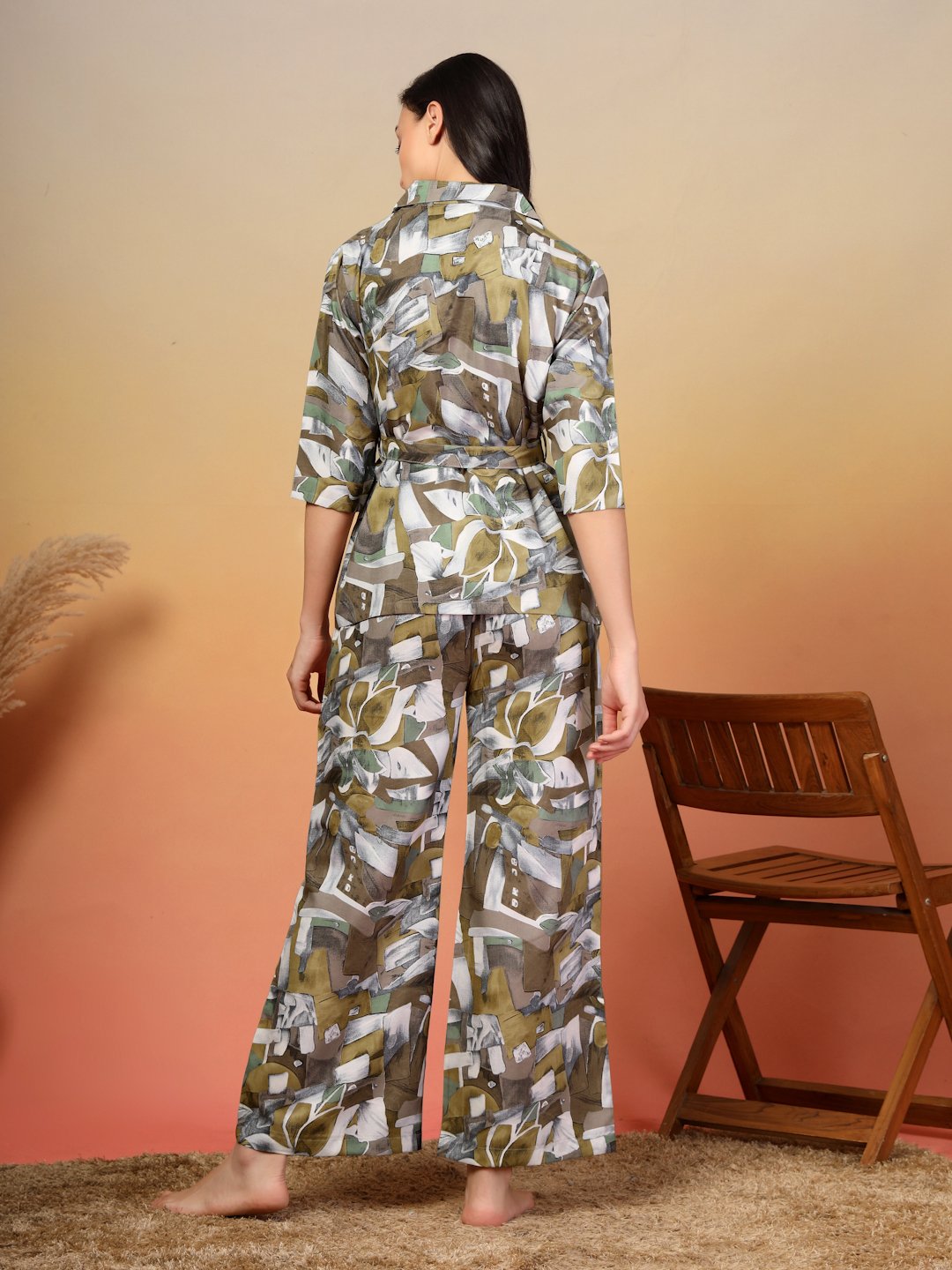 Women Brown Floral Cotton Blend Night Suit with Robe