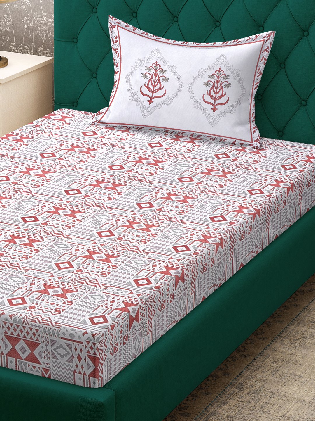 Red Geometric 400 TC Pure Cotton Fitted Single Bedsheet with Pillow Cover