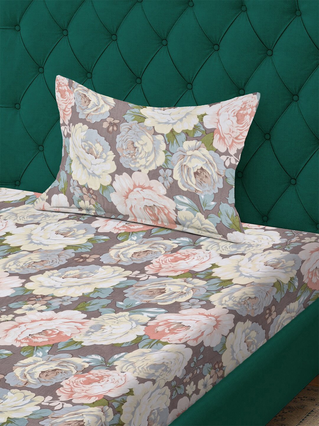 Multi Floral 300 TC Cotton Blend Fitted Single Bedsheet with Pillow Cover