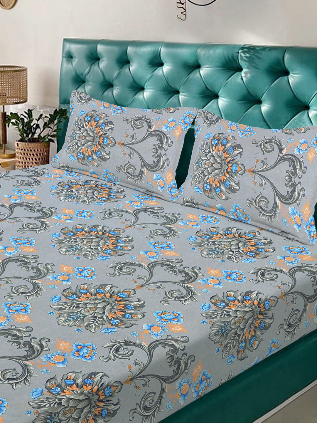 Grey Floral 300 TC Cotton Blend Double Bedsheet with 2 Pillow Covers