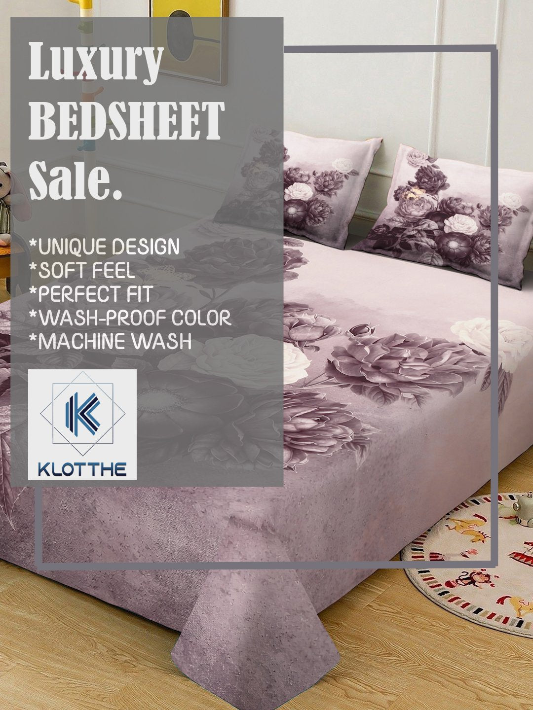 Wine Digital Floral Printed Cotton Blend Double Bedsheet with 2 Pillow Covers