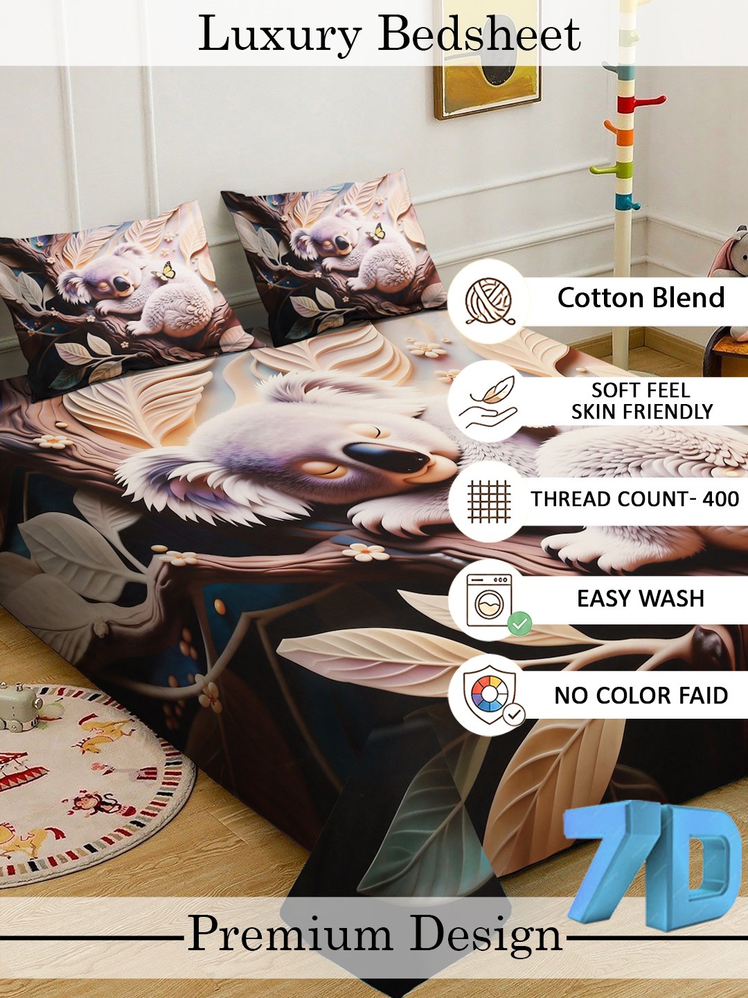 Multi Digital Animal Printed Cotton Blend Double Bedsheet with 2 Pillow Covers