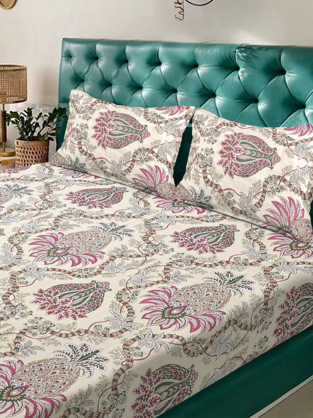 Multi Floral  300 TC Cotton Blend Double Bedsheet with 2 Pillow Covers