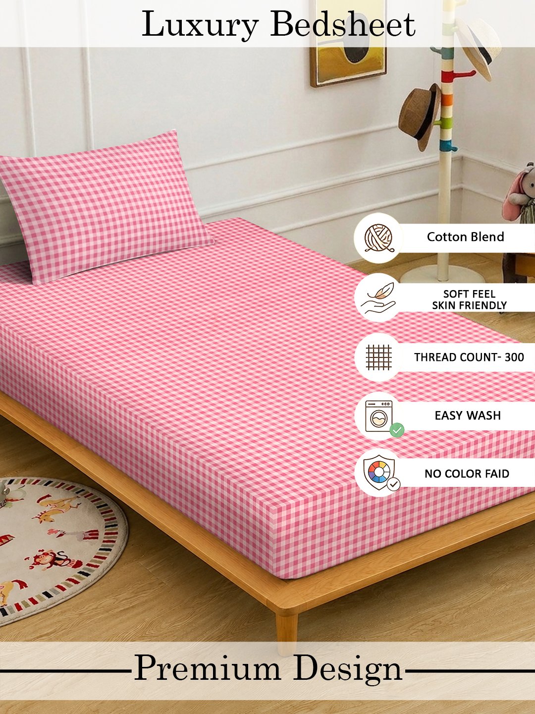 Red Checked Cotton Blend Single Bedsheet with Pillow Cover