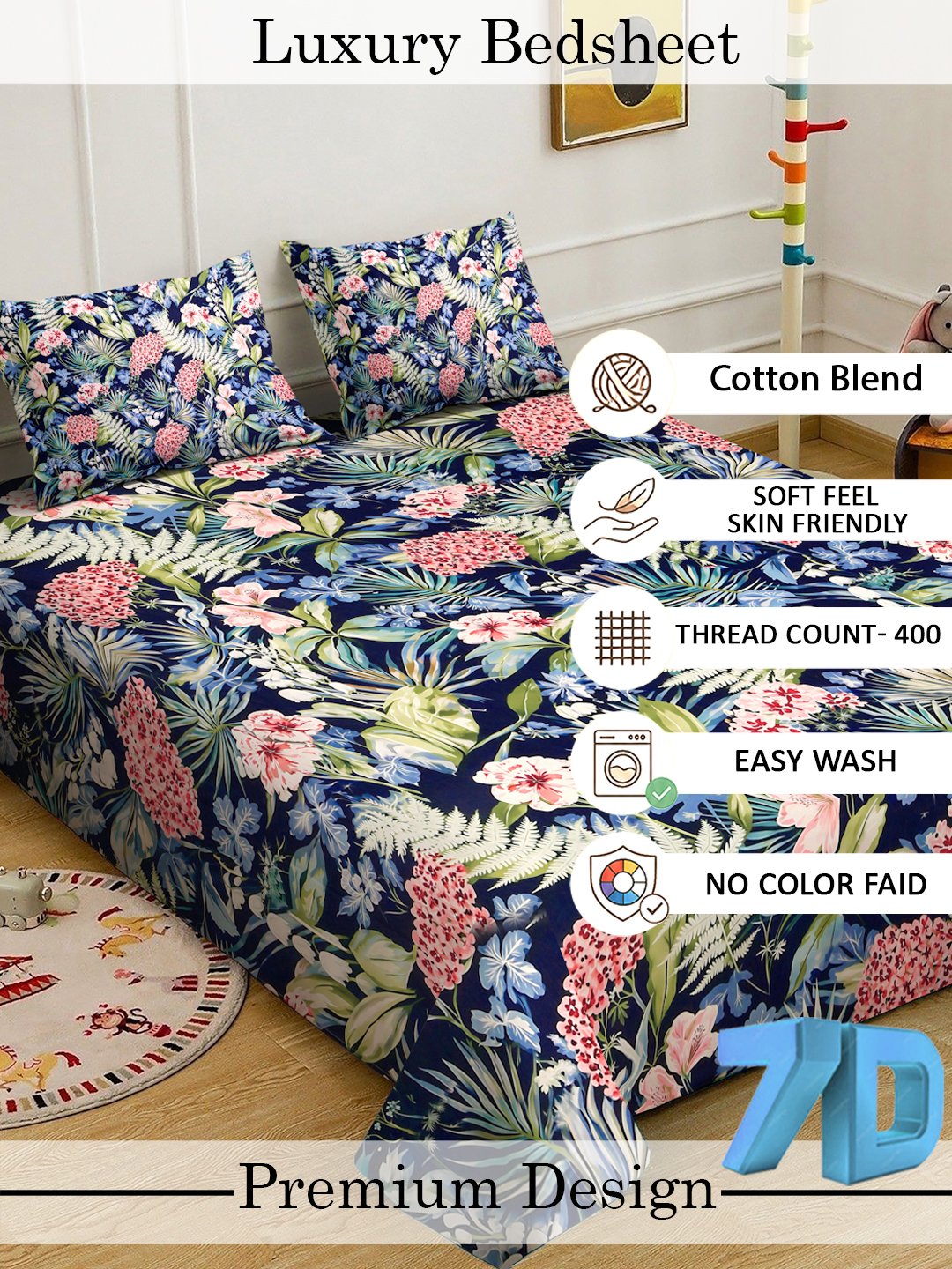 Blue Digital Floral Printed Cotton Blend Double Bedsheet with 2 Pillow Covers