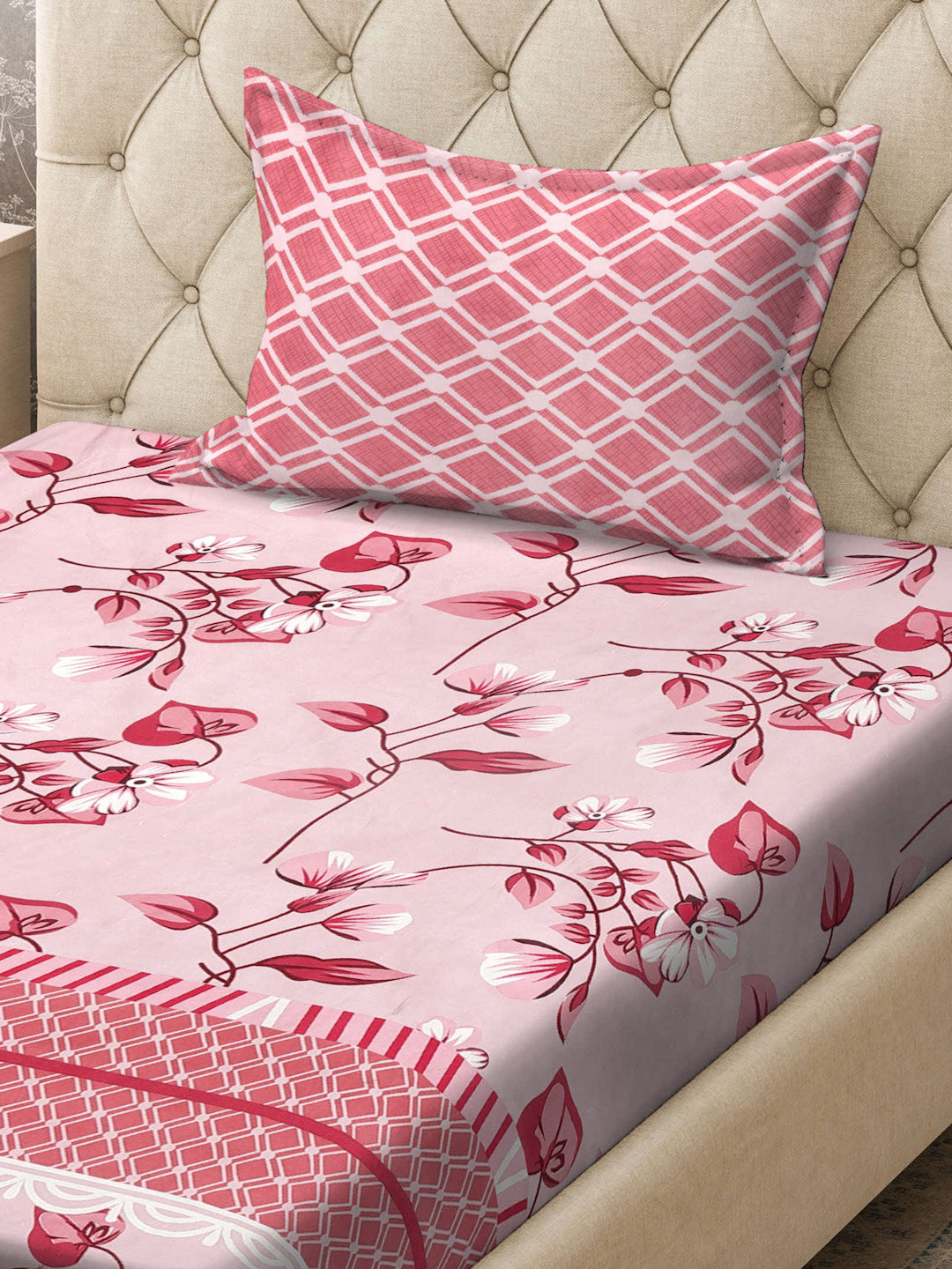 Klotthe Red Floral 300 TC Cotton Blend Single Bedsheet with Pillow Cover