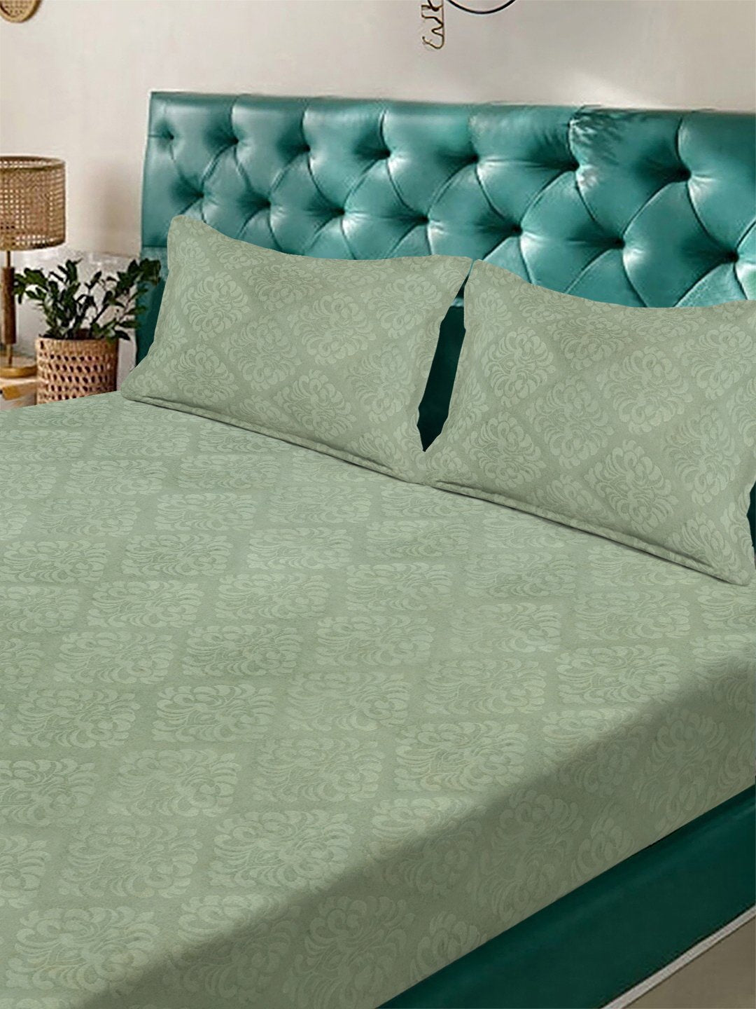 Green Floral Embossed Cotton Blend Fitted Double Bedsheet with 2 Pillow Covers