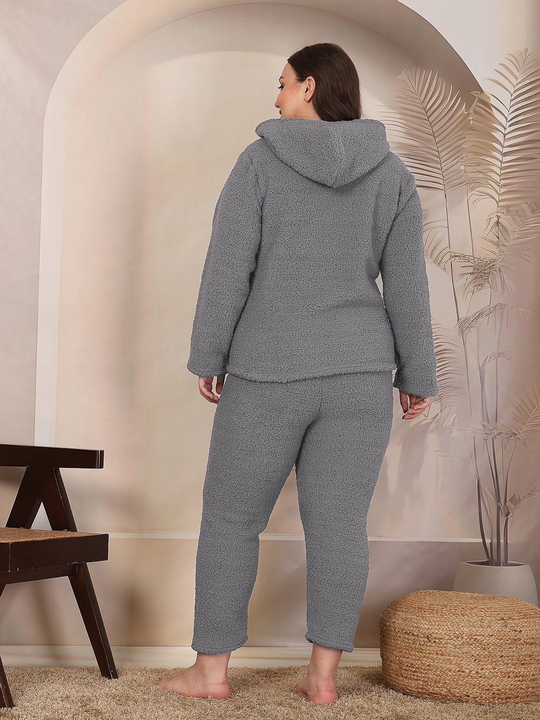 Women Grey Solid Sherpa Heavy Winter Hooded Pluz Size Woolen Night Suit
