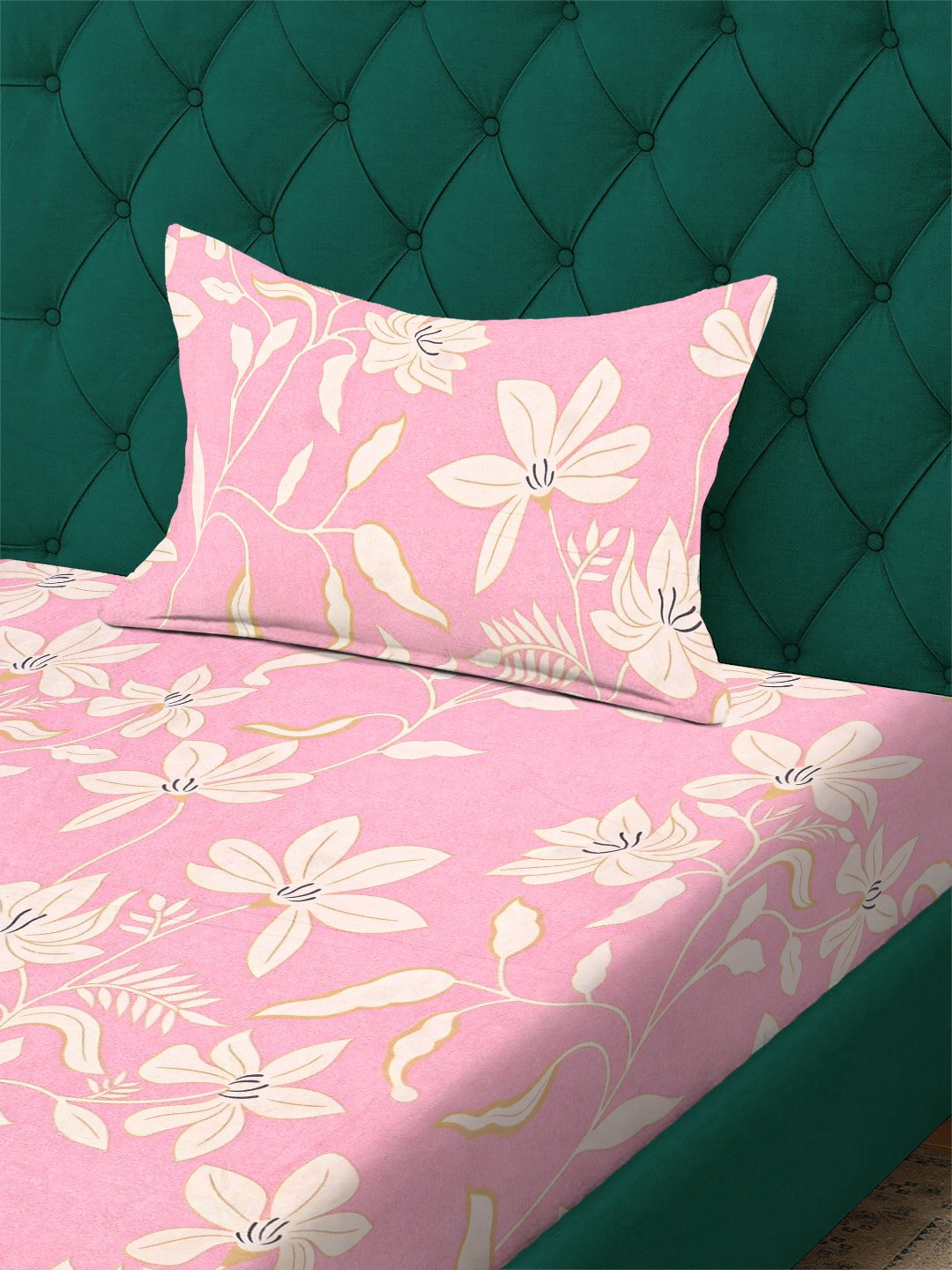 Pink Floral 300 TC Cotton Blend Single Bedsheet with Pillow Cover