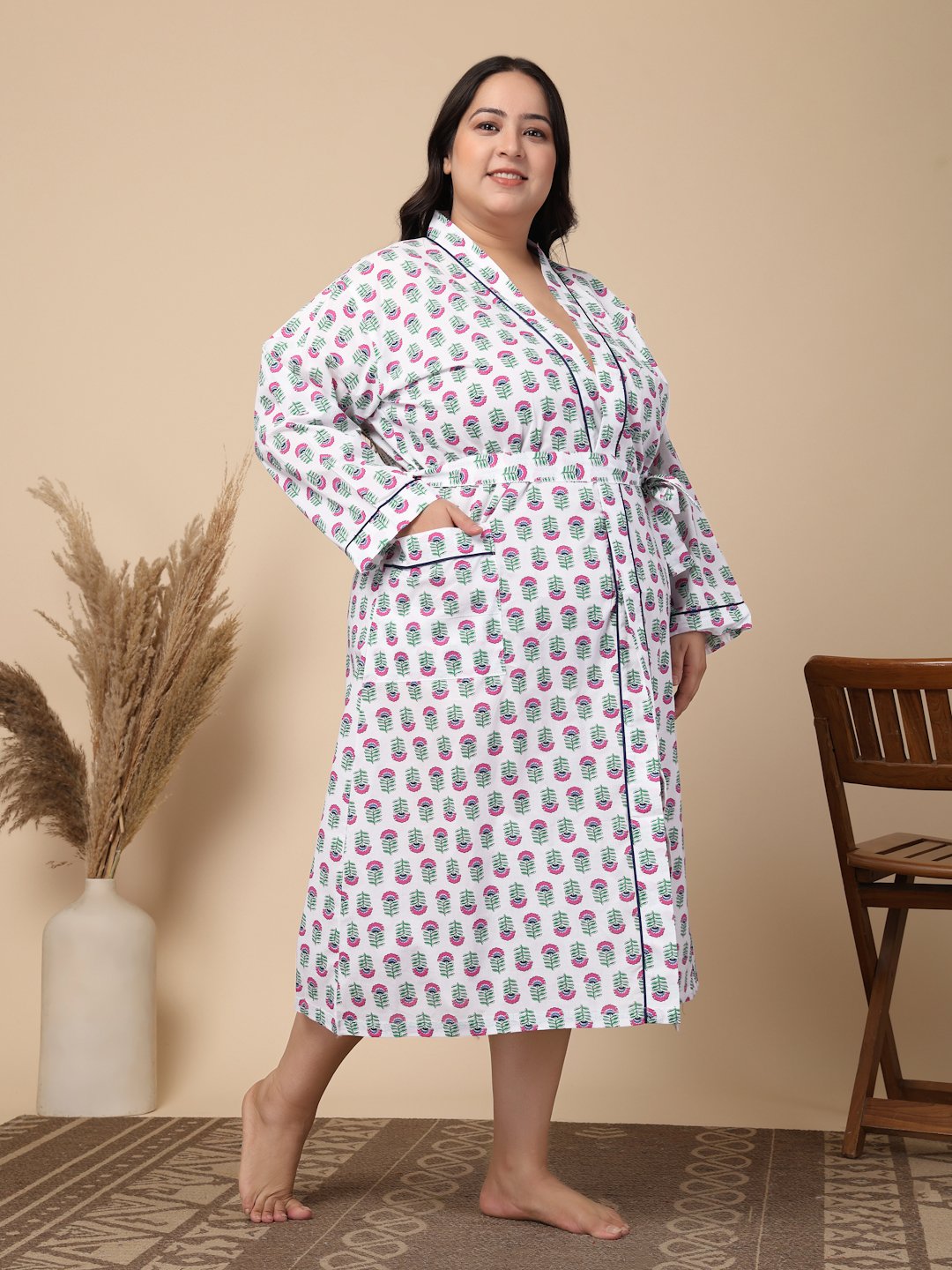 Women Printed White Floral Plus Size Pure Cotton Bath Robe With Belt