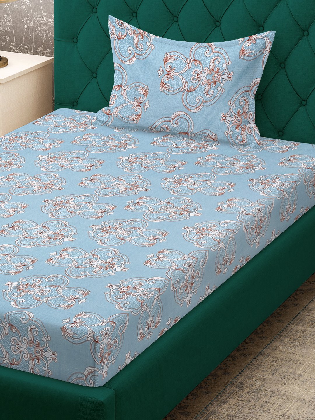 SkyBlue Ethnic Motifs 300 TC Cotton Blend Single Bedsheet with Pillow Cover