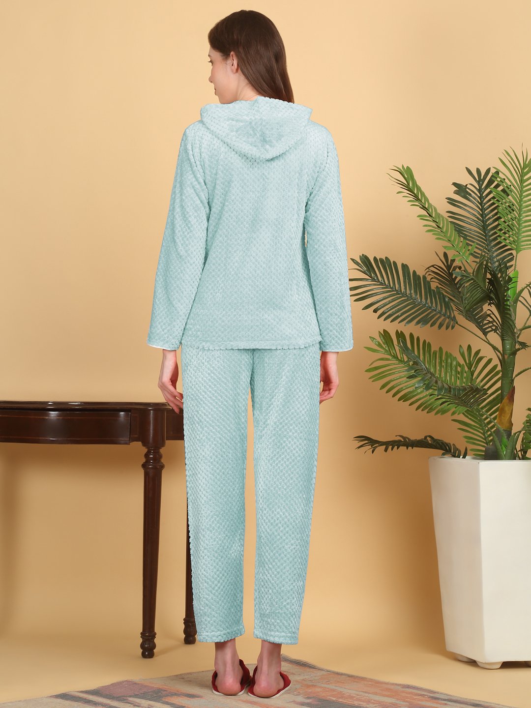 Women Turquoise Solid Hooded Woolen Night Suit