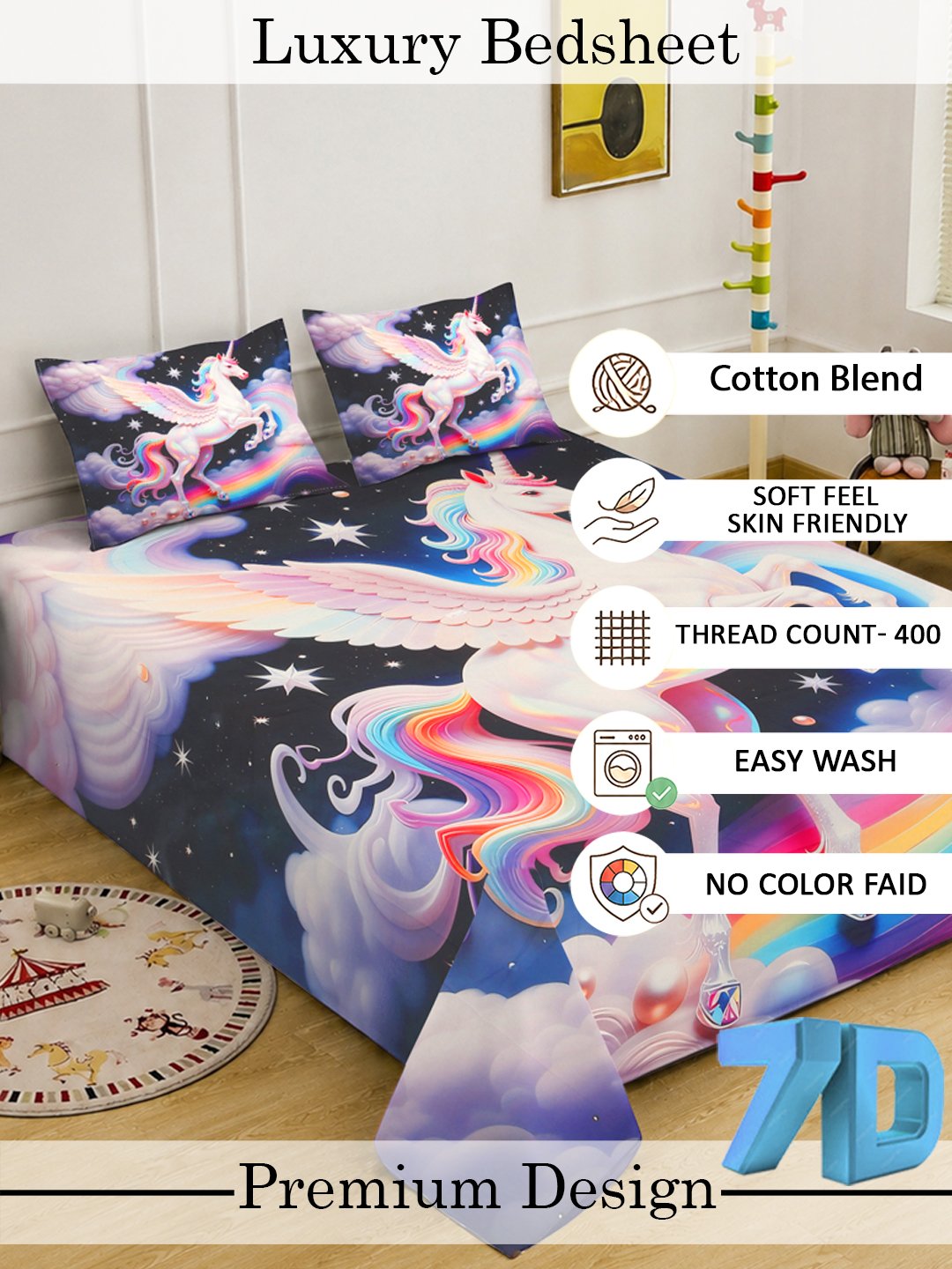 Digital Multi Cartoon Characters Cotton Blend Fitted Double Bedsheet with 2 Pillow Covers