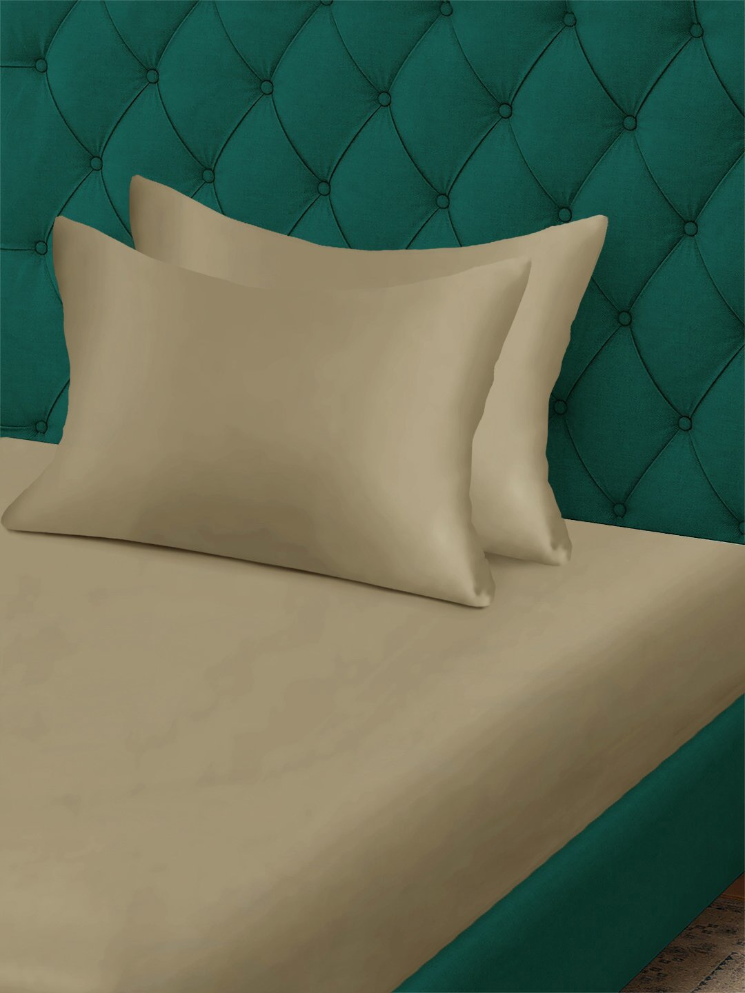 Beige Solid 300 TC Cotton Blend Fitted Single Bedsheet with 2 Pillow Covers