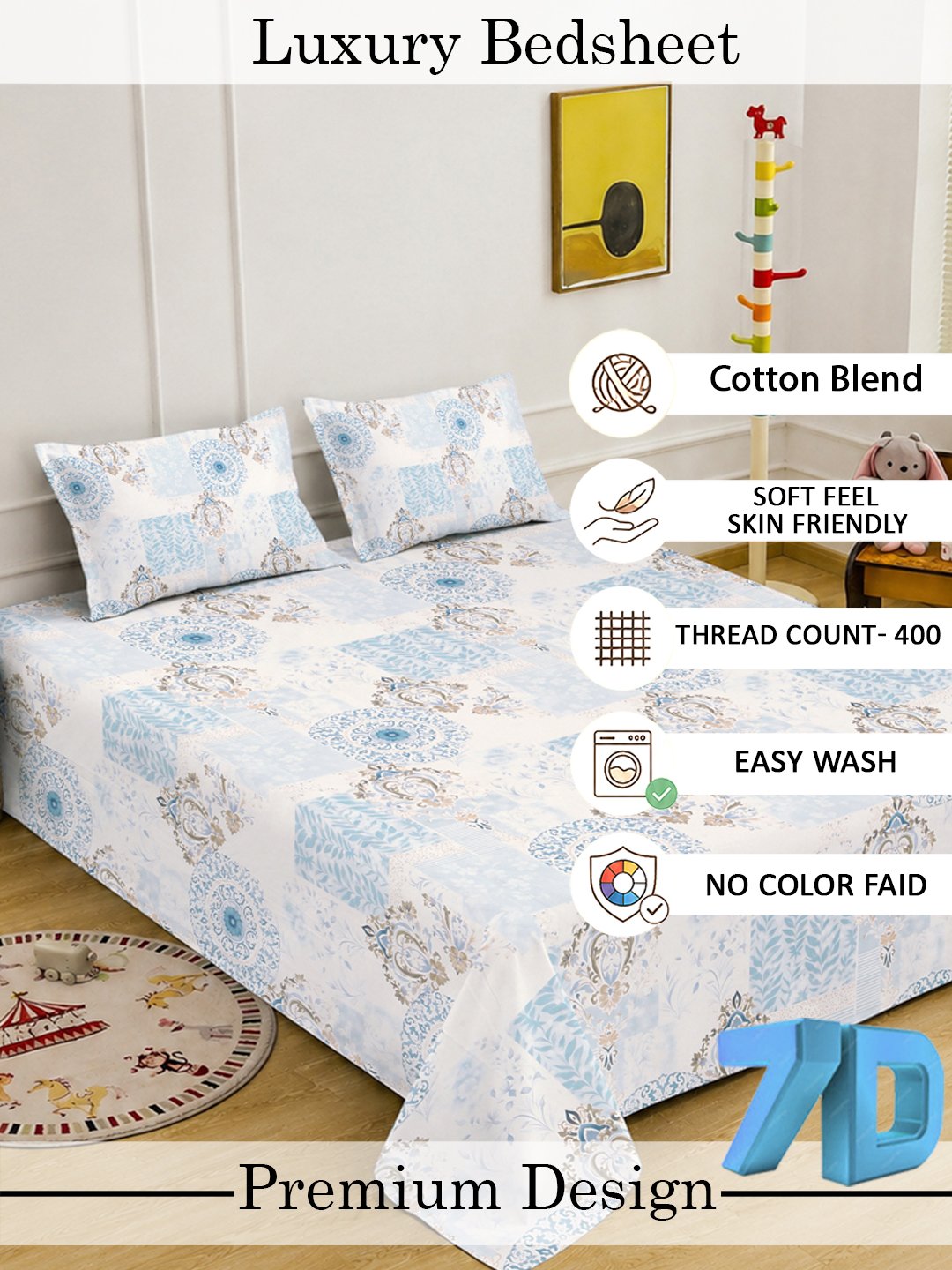 Digital Blue Geometric Cotton Blend Double Bedsheet with 2 Pillow Covers