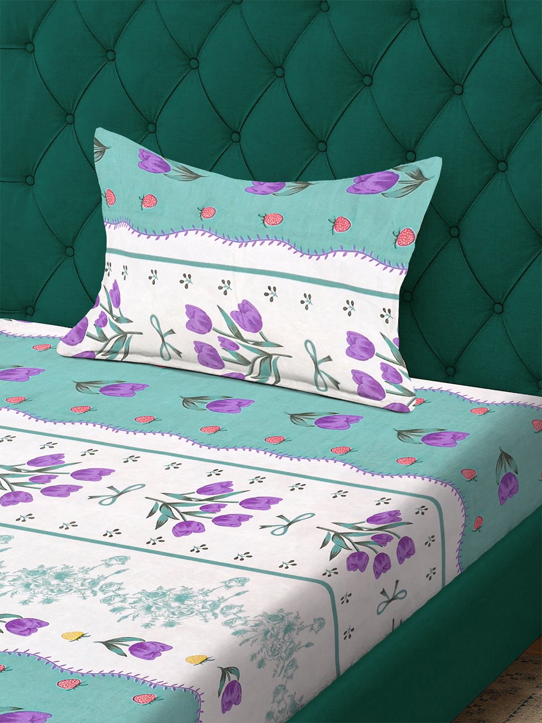 Green Floral 300 TC Cotton Blend Single Bedsheet with Pillow Cover
