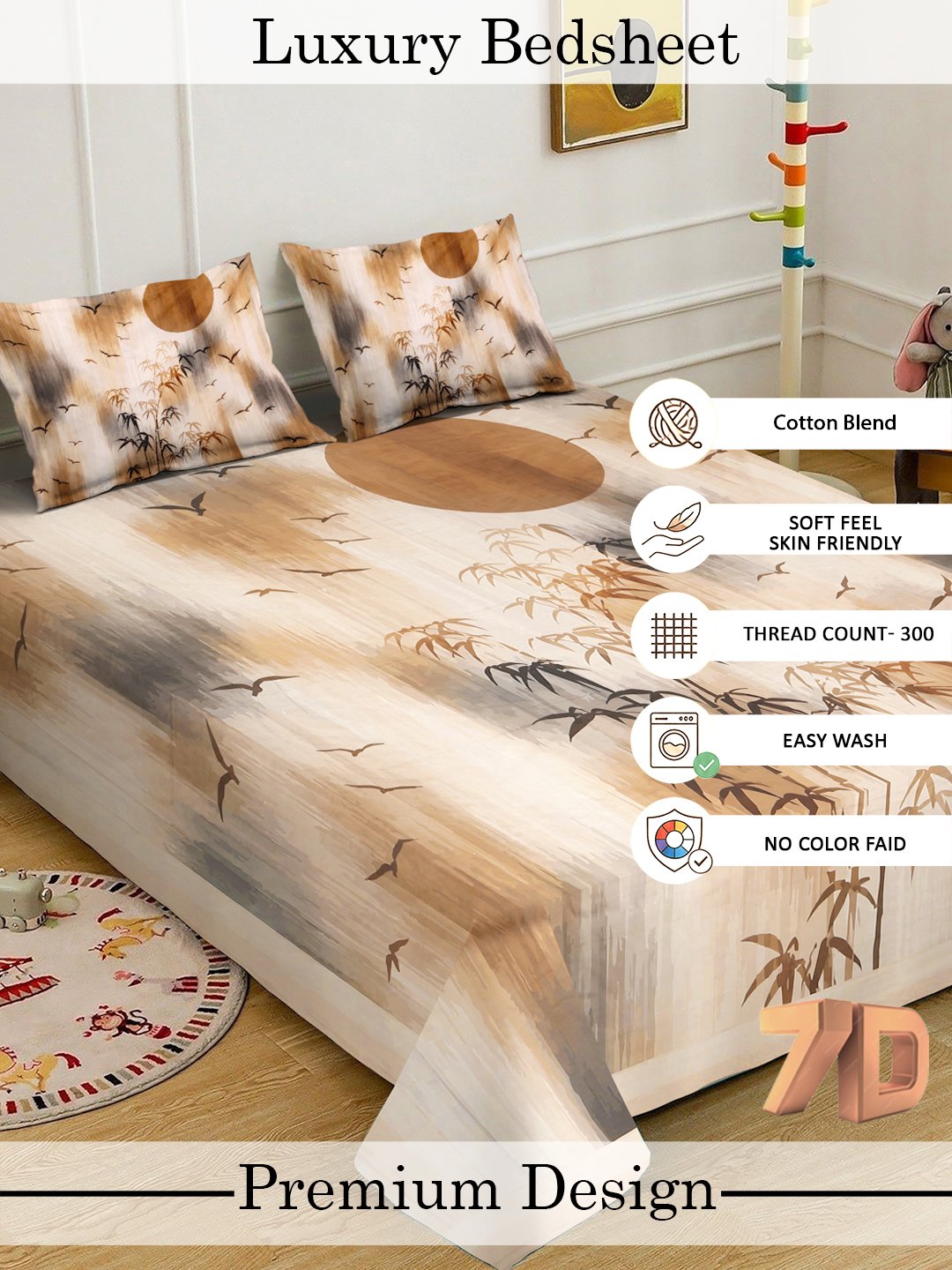 Beige Digital Floral Printed Cotton Blend Double Bedsheet with 2 Pillow Covers