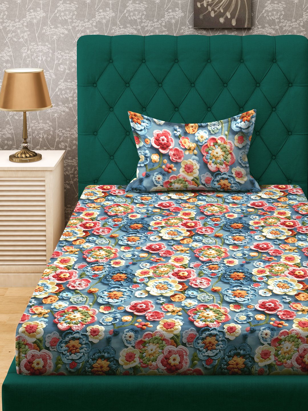 Blue Floral 7D Cotton Blend Fitted Single Bedsheet with Pillow Cover