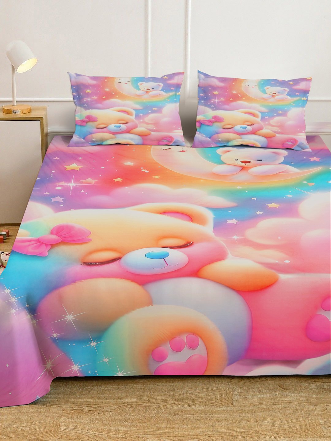 Multi 7D Cartoon Characters Printed Fitted Cotton Blend Double Bedsheet with 2 Pillow Covers