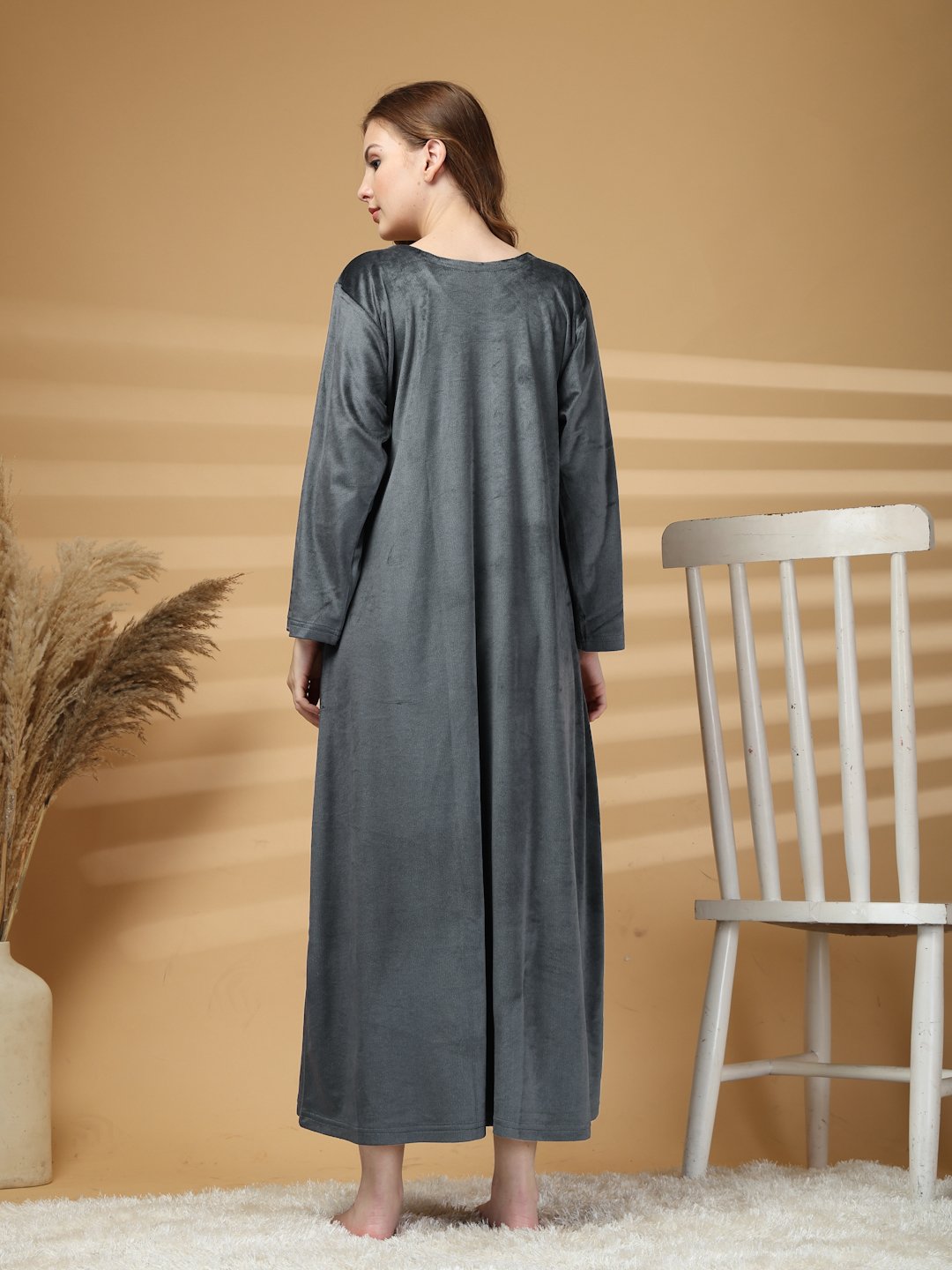 Klotthe Grey Solid Soft touch Velvet Maxi Nightdress