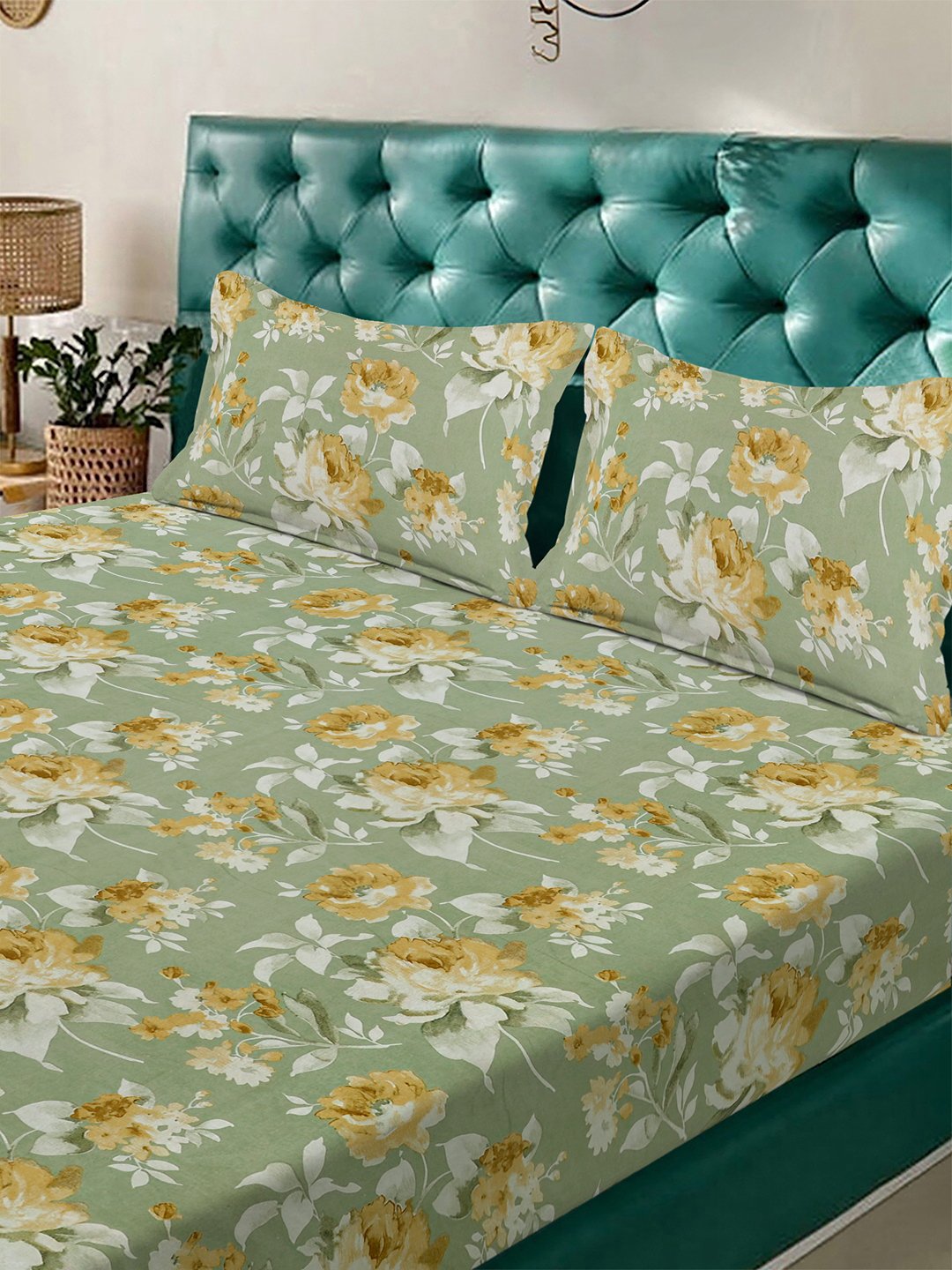 Green Floral 300 TC Cotton Blend Double Bedsheet with 2 Pillow Covers