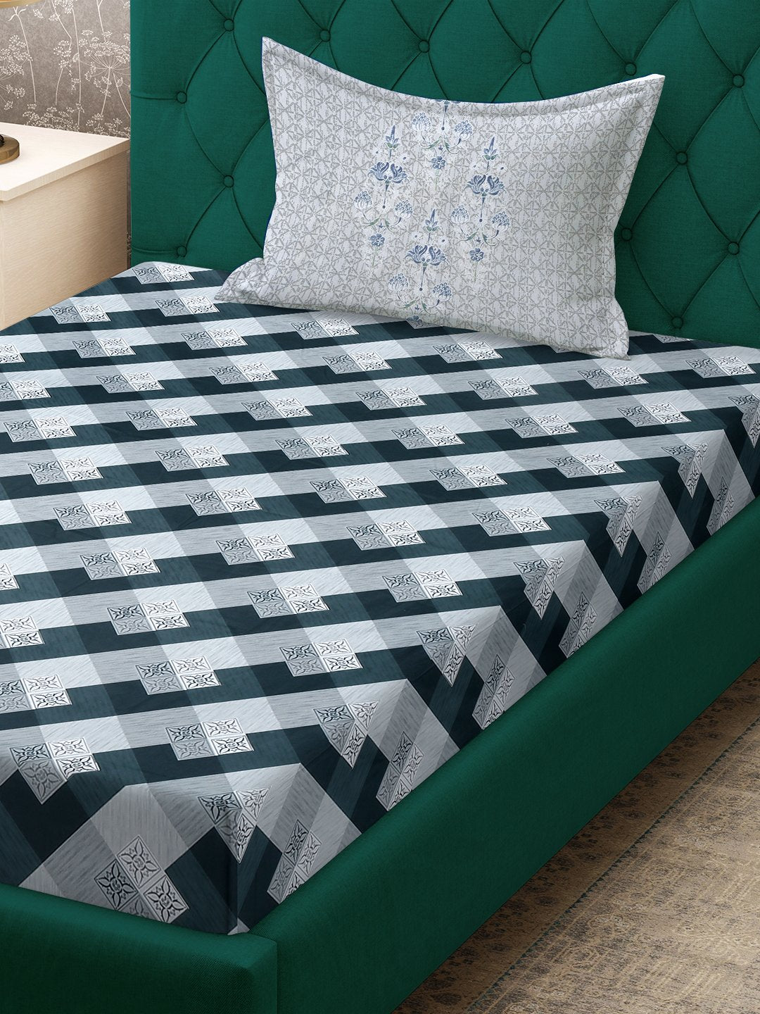 Green Geometric 400 TC Pure Cotton Fitted Single Bedsheet with Pillow Cover