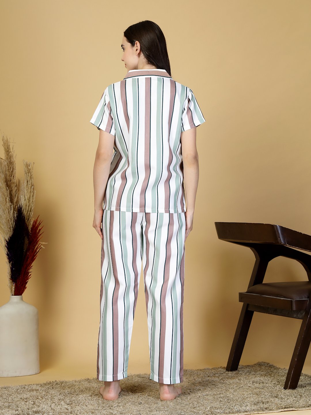 Women Multi Striped Cotton Blend Night Suit
