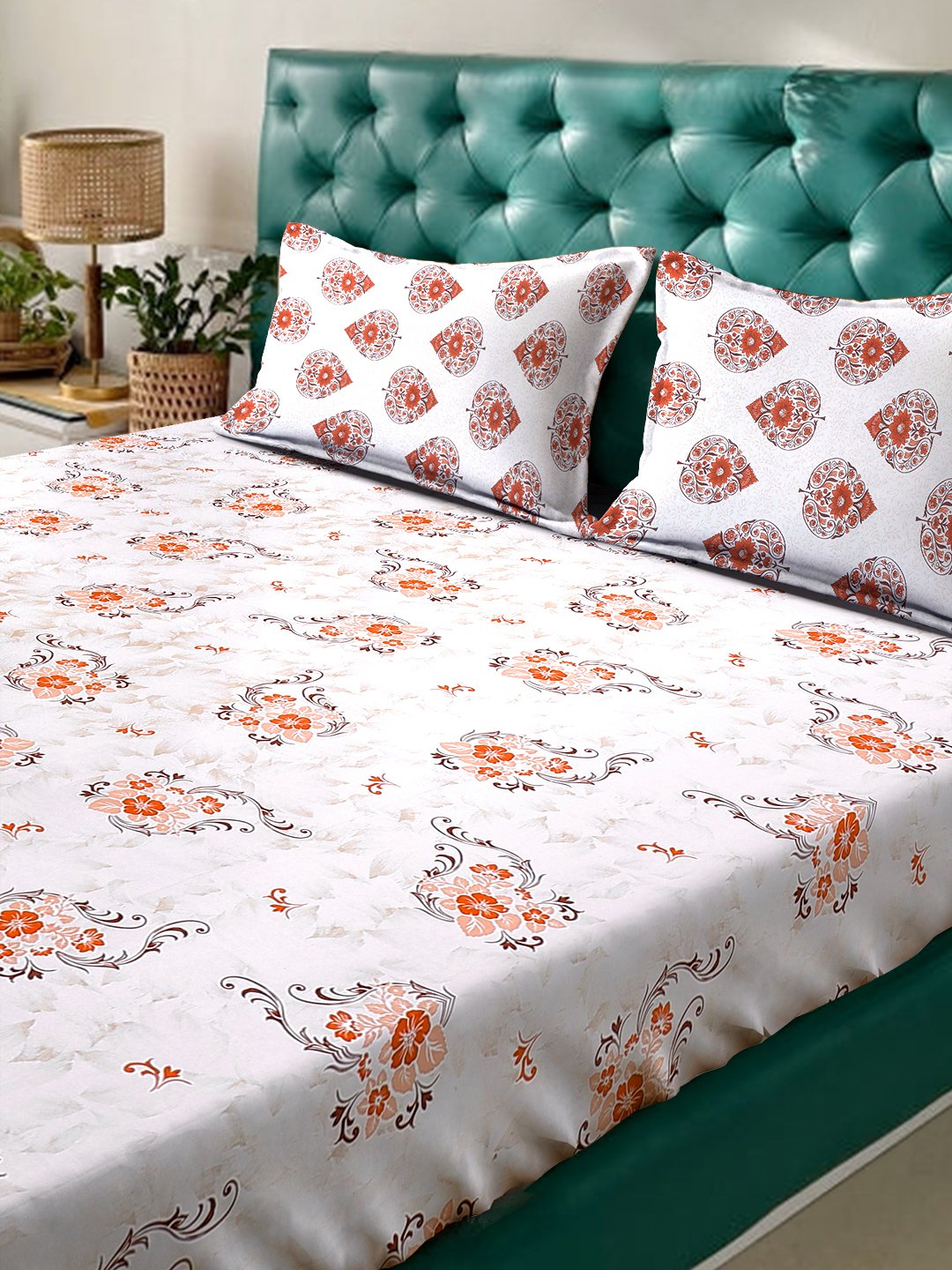 Orange Floral 400 TC Pure Cotton Double Bedsheet with 2 Pillow Covers