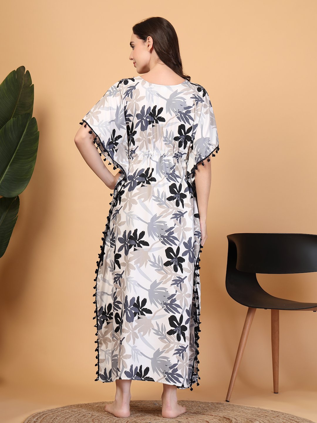 Grey Floral Cotton Blend Kaftan Maxi Nightdress