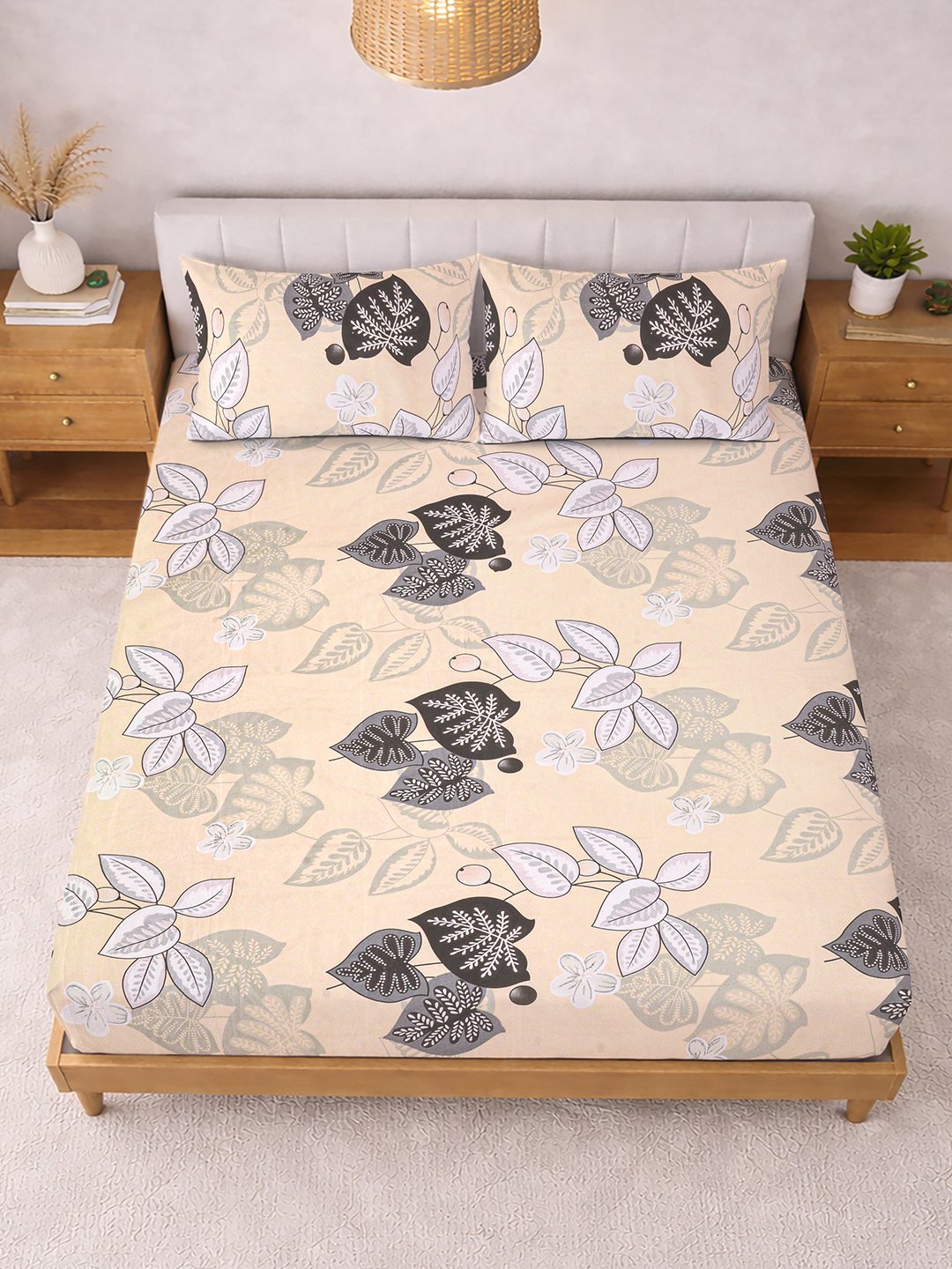 Beige Floral Cotton Blend Double Bedsheet with 2 Pillow Covers