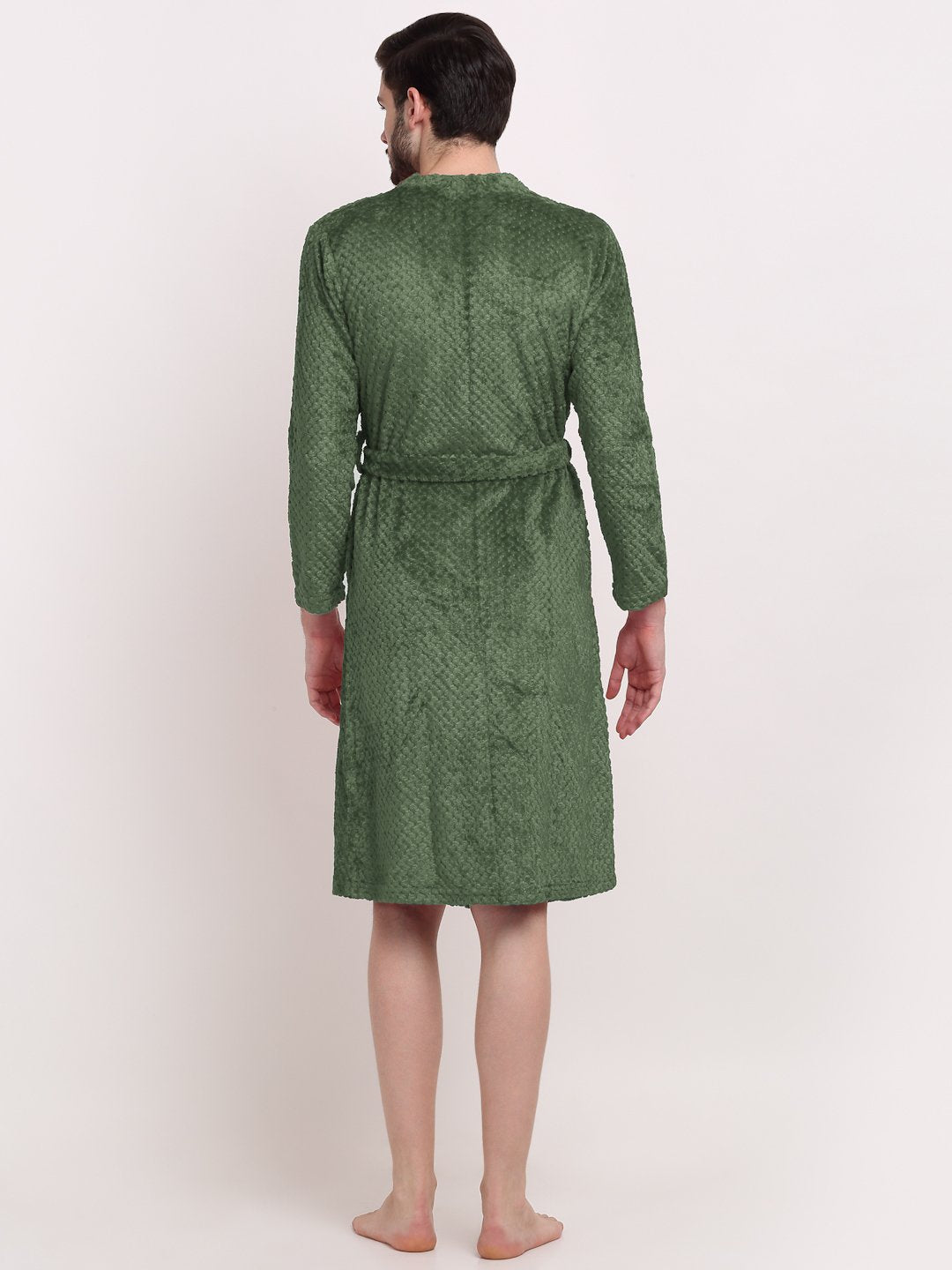 Men Green Self Design Wool Bath Robe With Belt