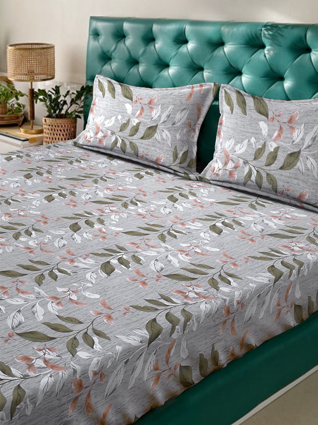 Grey Floral 400 TC Pure Cotton Fitted Double Bedsheet with 2 Pillow Covers