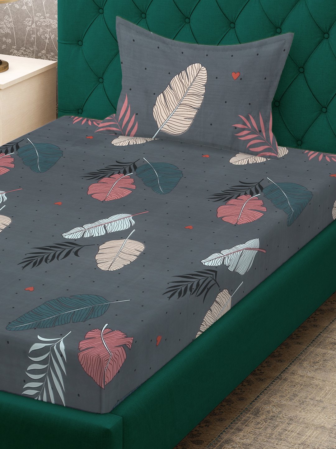Grey Floral 300 TC Cotton Blend Fitted Single Bedsheet with Pillow Cover