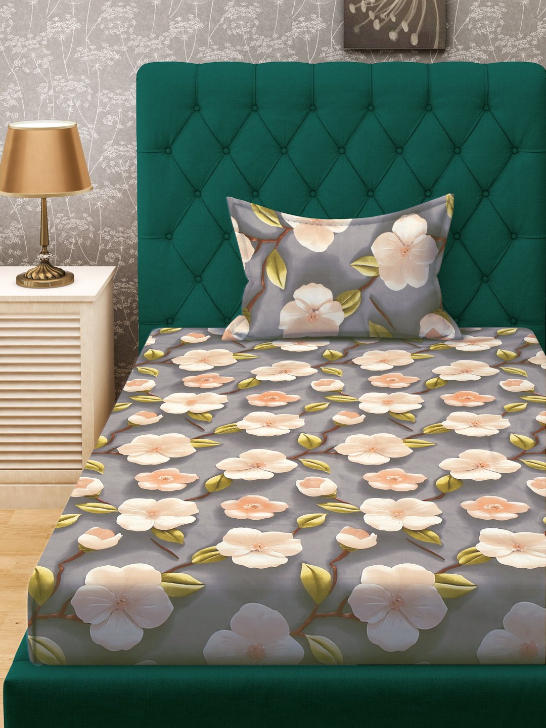 Grey Floral 7D Cotton Blend Single Bedsheet with Pillow Cover