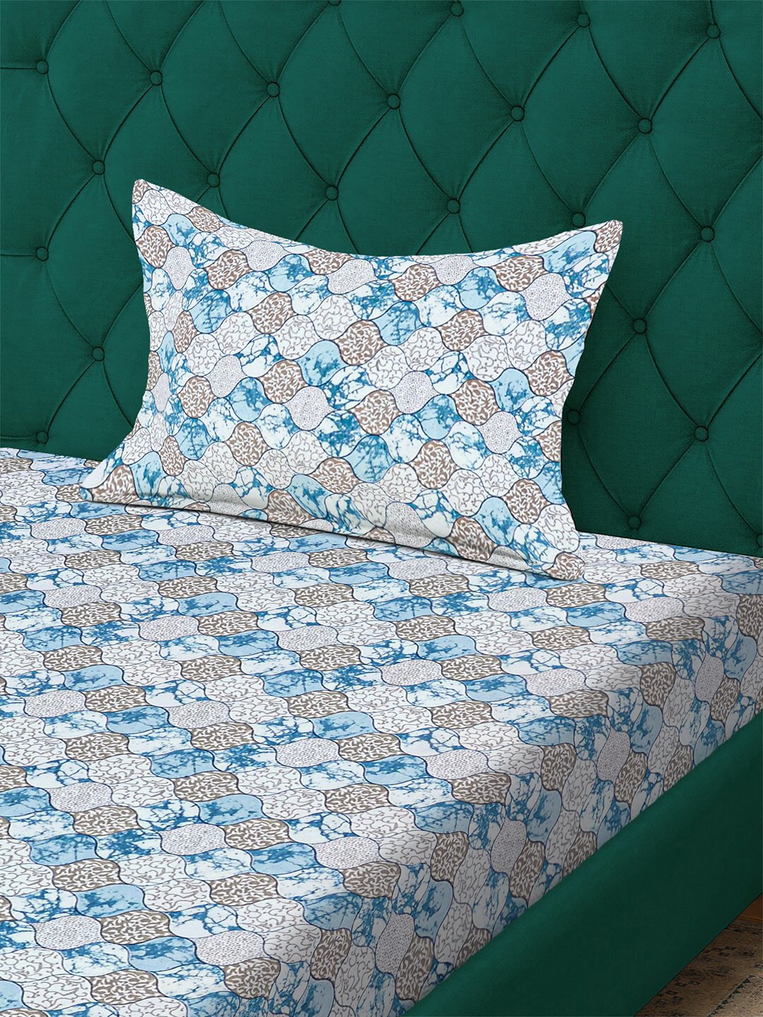 Blue Floral 300 TC Cotton Blend Fitted Single Bedsheet with Pillow Cover