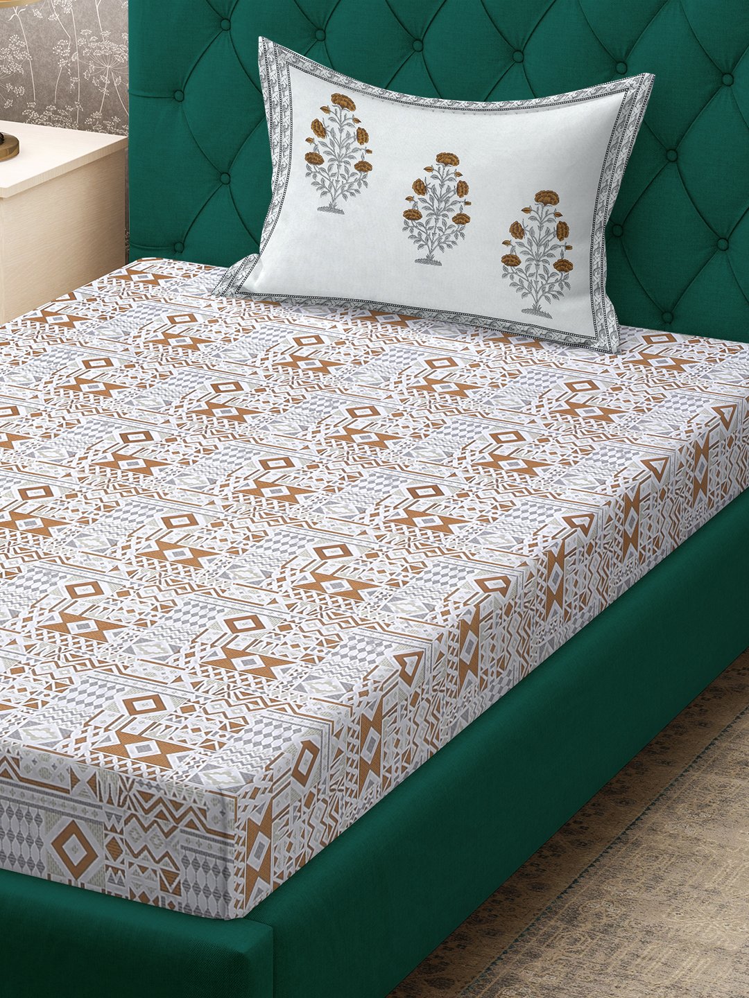 Mustard Geometric 400 TC Pure Cotton Single Bedsheet with Pillow Cover