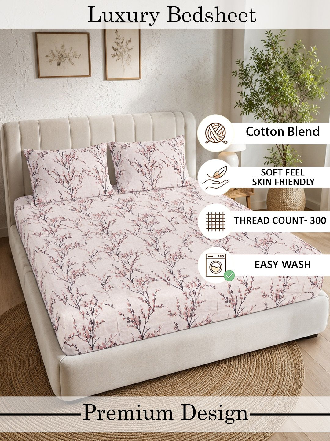 Cream Floral Cotton Blend Fitted Double Bedsheet with 2 Pillow Covers